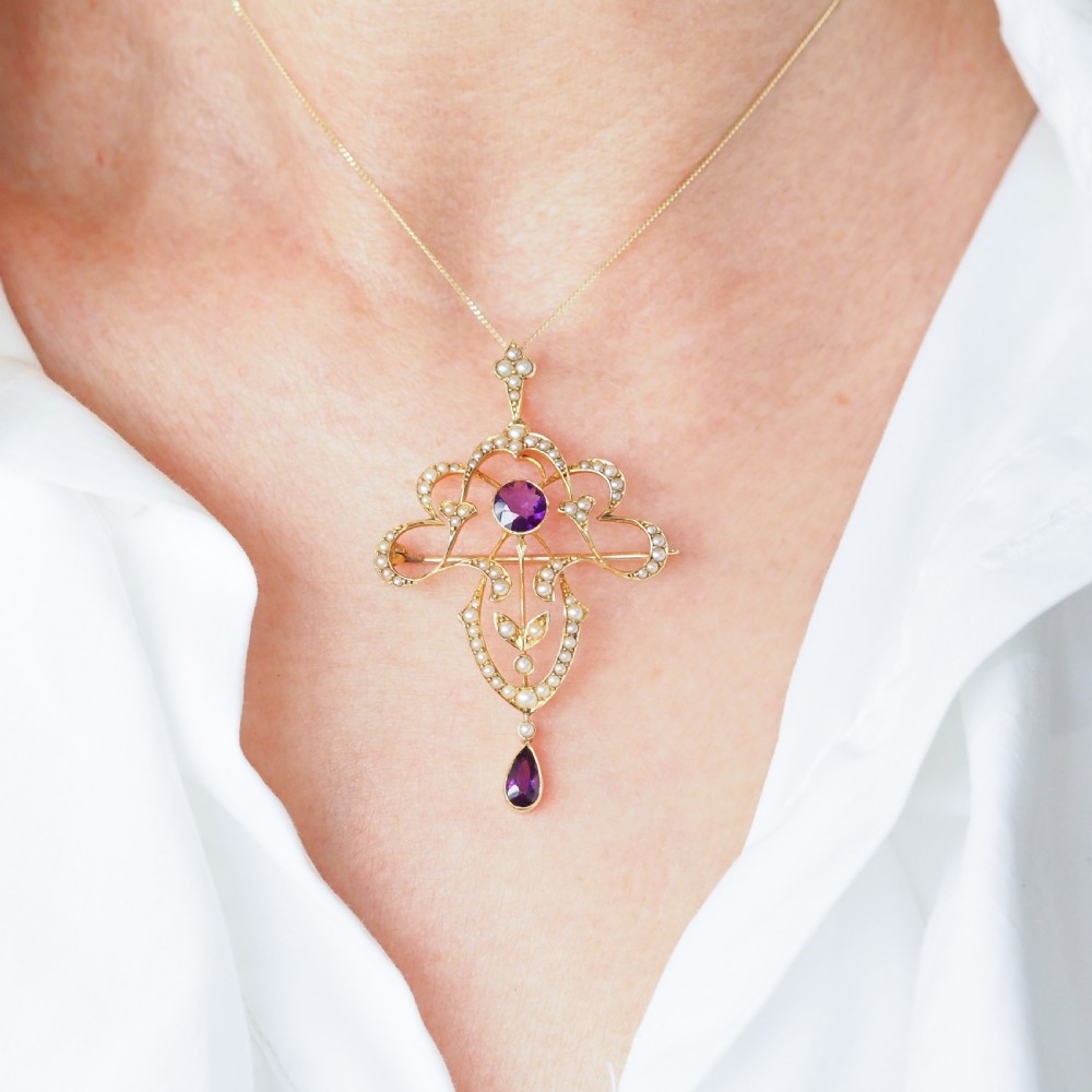 Antique Edwardian Amethyst & Seed Pearl 15ct Gold Pendant Necklace Art Nouveau 'Fan' Design - c.1905 View IV
