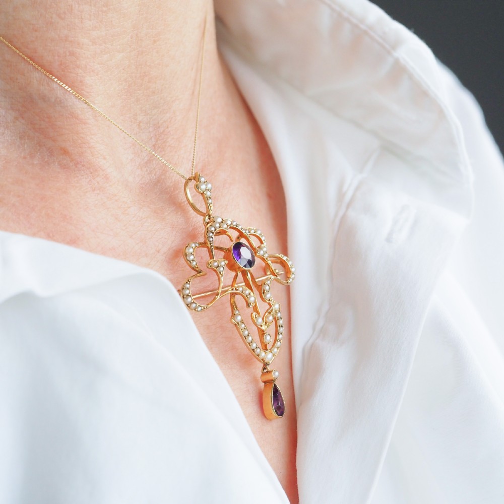 Antique Edwardian Amethyst & Seed Pearl 15ct Gold Pendant Necklace Art Nouveau 'Fan' Design - c.1905 View V