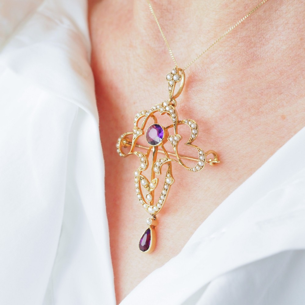 Antique Edwardian Amethyst & Seed Pearl 15ct Gold Pendant Necklace Art Nouveau 'Fan' Design - c.1905 View VII