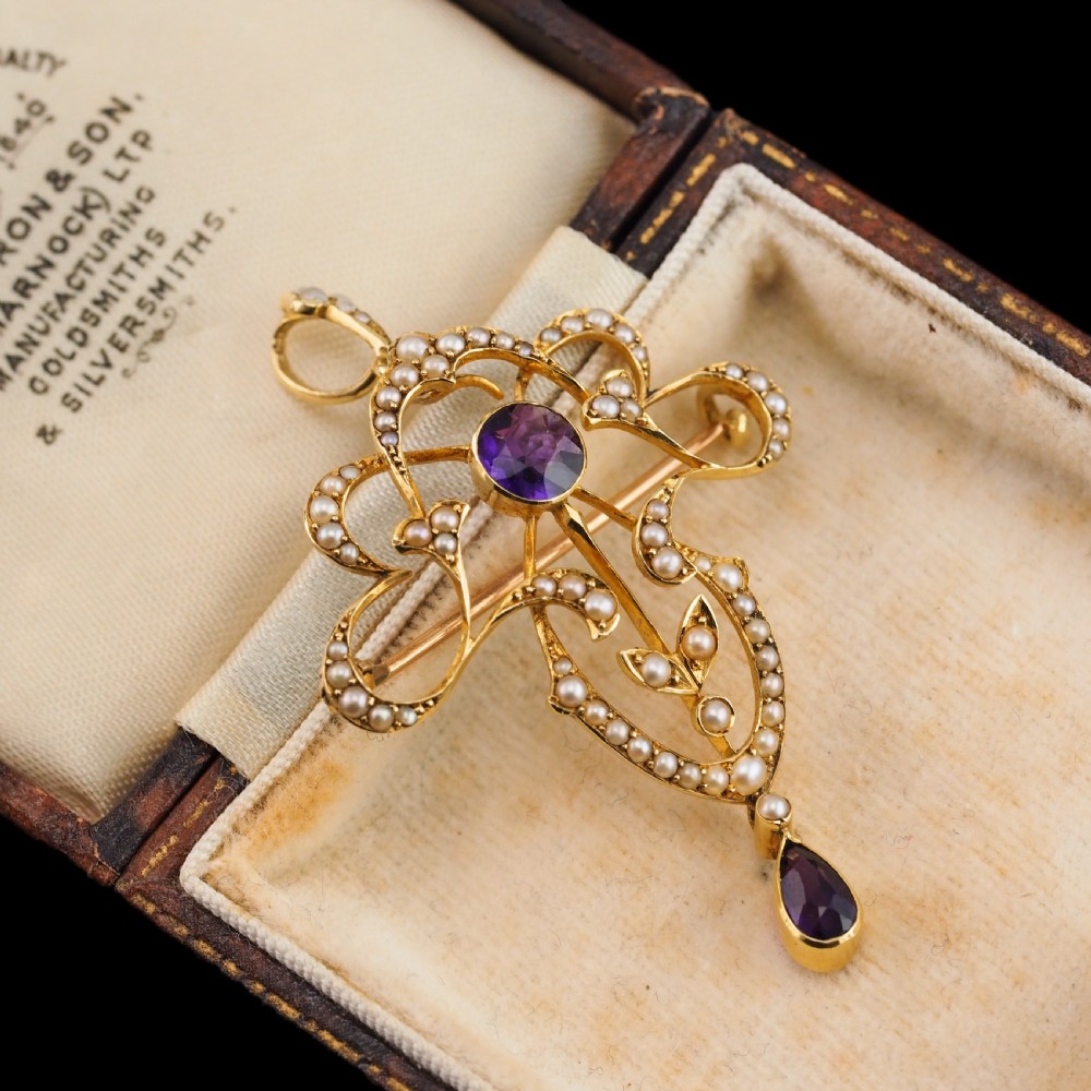 Antique Edwardian Amethyst & Seed Pearl 15ct Gold Pendant Necklace Art Nouveau 'Fan' Design - c.1905 View X