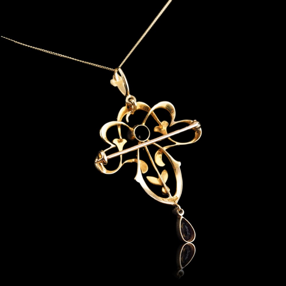Antique Edwardian Amethyst & Seed Pearl 15ct Gold Pendant Necklace Art Nouveau 'Fan' Design - c.1905 View XII