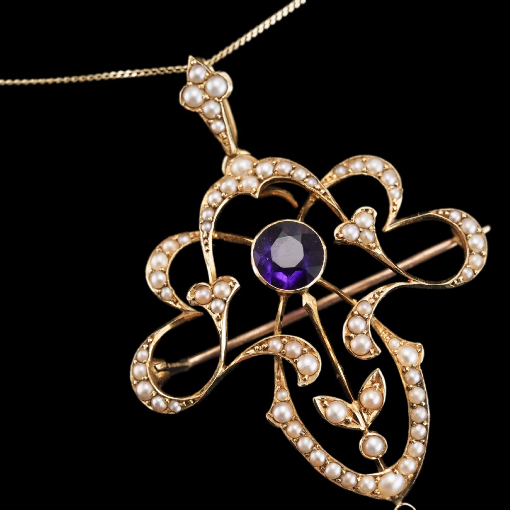 Antique Edwardian Amethyst & Seed Pearl 15ct Gold Pendant Necklace Art Nouveau 'Fan' Design - c.1905 View XIII