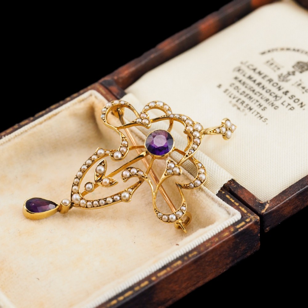 Antique Edwardian Amethyst & Seed Pearl 15ct Gold Pendant Necklace Art Nouveau 'Fan' Design - c.1905 View XIV