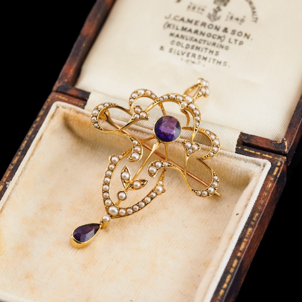 Antique Edwardian Amethyst & Seed Pearl 15ct Gold Pendant Necklace Art Nouveau 'Fan' Design - c.1905 View XV