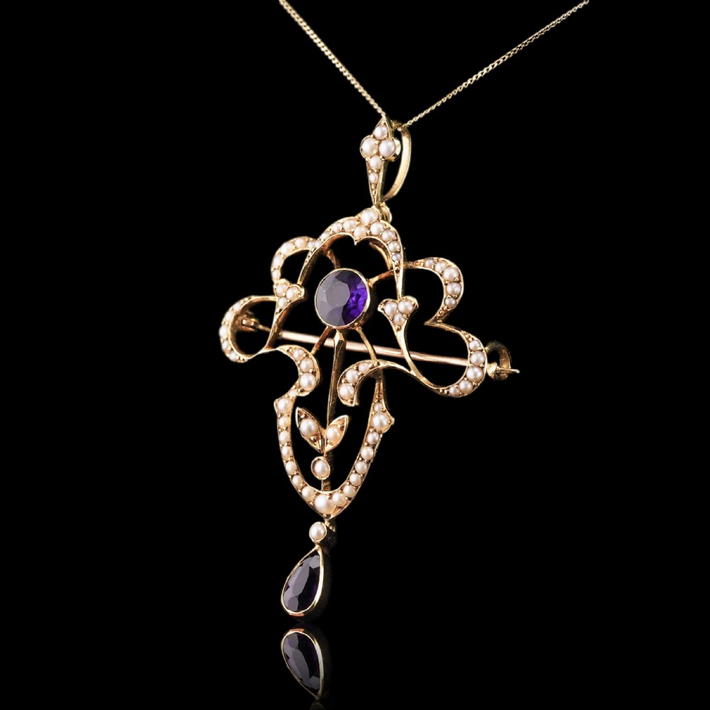 Antique Edwardian Amethyst & Seed Pearl 15ct Gold Pendant Necklace Art Nouveau 'Fan' Design - c.1905 View XVI
