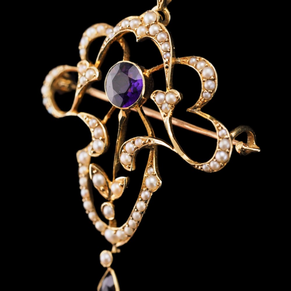 Antique Edwardian Amethyst & Seed Pearl 15ct Gold Pendant Necklace Art Nouveau 'Fan' Design - c.1905 View XVII