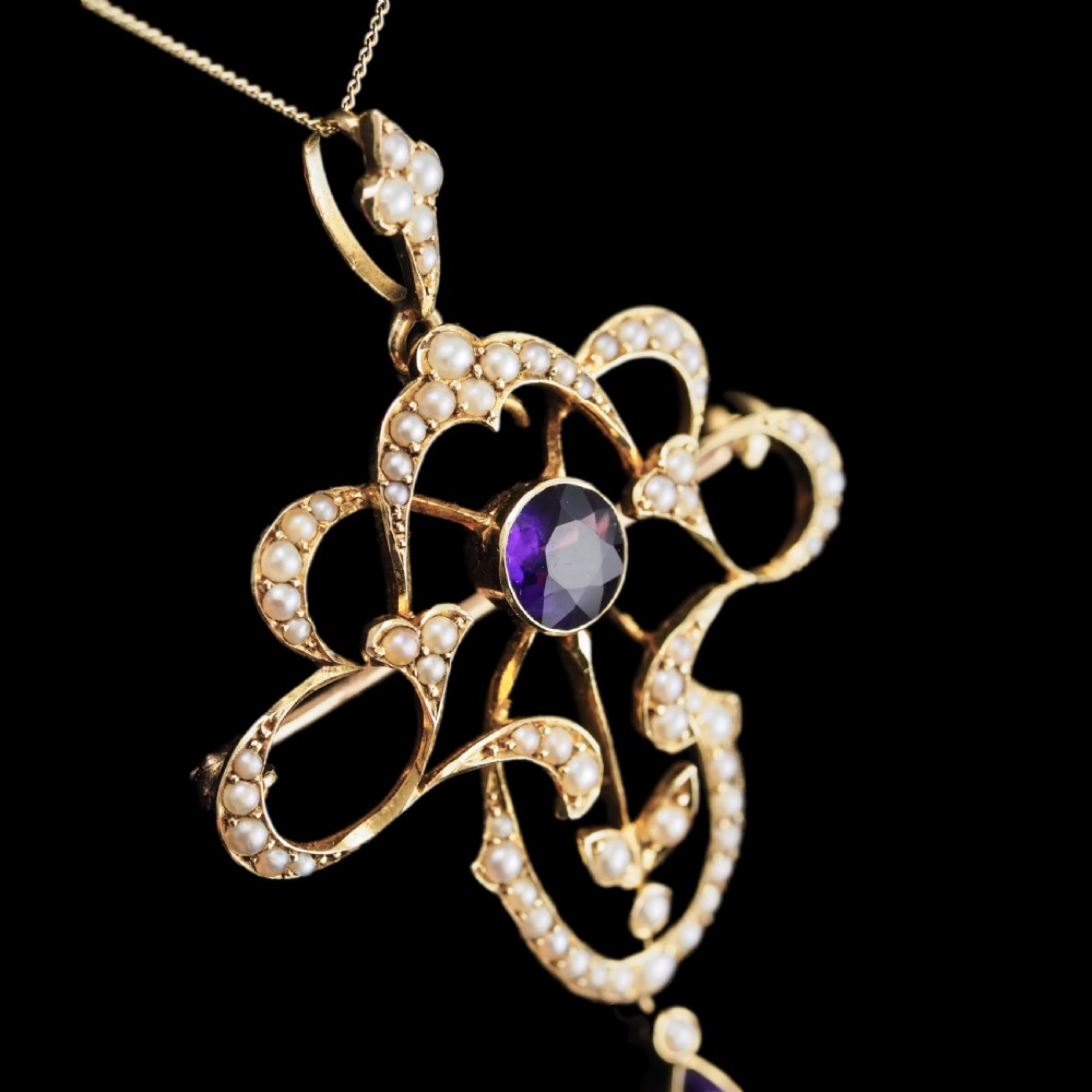 Antique Edwardian Amethyst & Seed Pearl 15ct Gold Pendant Necklace Art Nouveau 'Fan' Design - c.1905 View XVIII