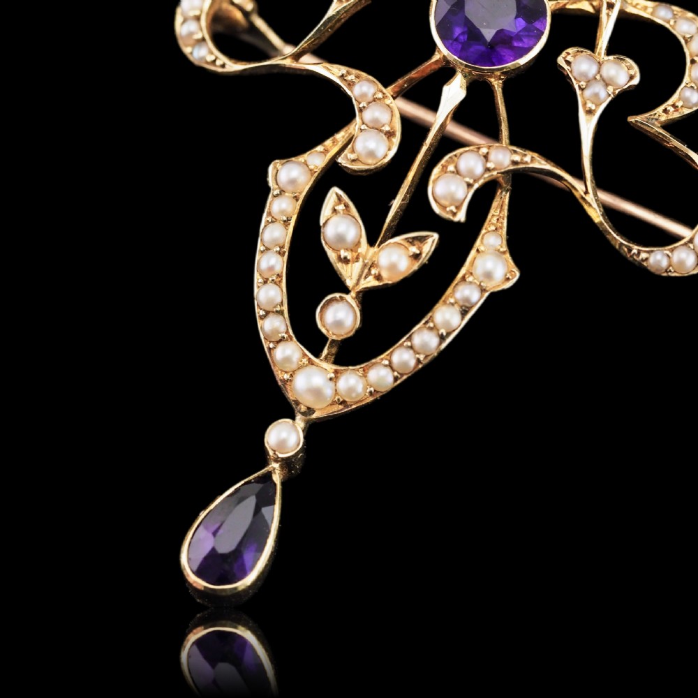Antique Edwardian Amethyst & Seed Pearl 15ct Gold Pendant Necklace Art Nouveau 'Fan' Design - c.1905 View XIX