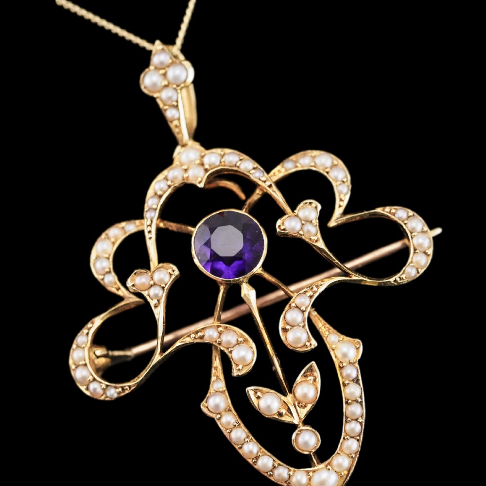 Antique Edwardian Amethyst & Seed Pearl 15ct Gold Pendant Necklace Art Nouveau 'Fan' Design - c.1905 View XX
