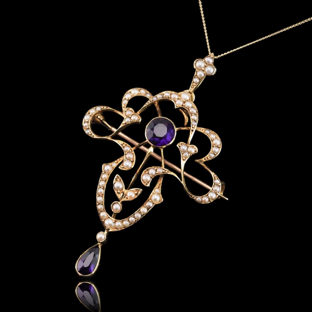 Antique Edwardian Amethyst & Seed Pearl 15ct Gold Pendant Necklace Art Nouveau 'Fan' Design - c.1905 View XXI