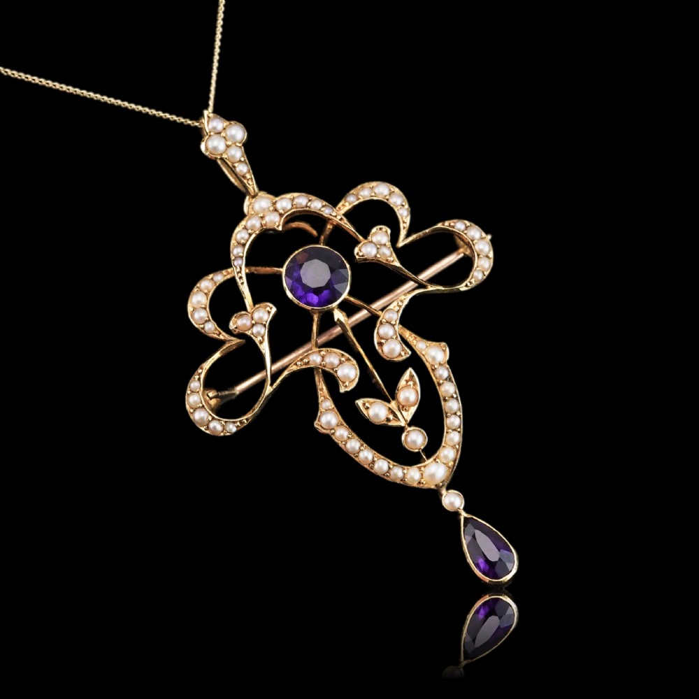 Antique Edwardian Amethyst & Seed Pearl 15ct Gold Pendant Necklace Art Nouveau 'Fan' Design - c.1905 View XXII