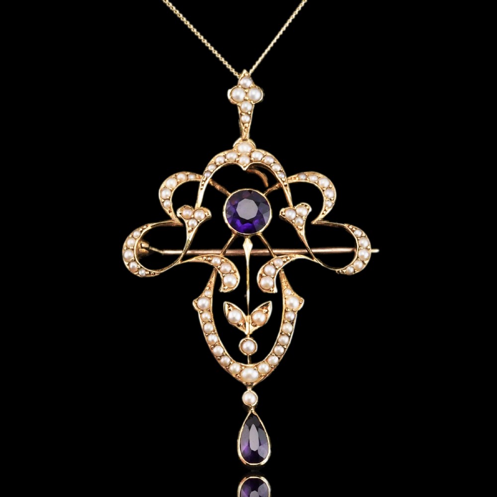 Antique Edwardian Amethyst & Seed Pearl 15ct Gold Pendant Necklace Art Nouveau 'Fan' Design - c.1905 View XXIII