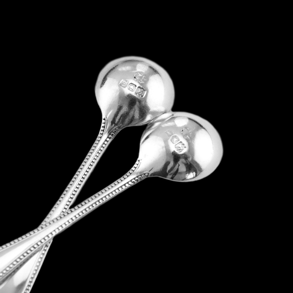 A pair of Victorian solid silver salt cellars crafted in the form of small pails with handles and engraved bird motifs, shown alongside two matching silver spoons. View IV