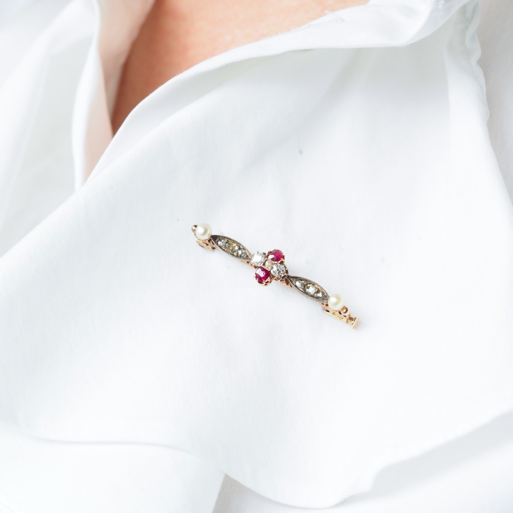 Antique Ruby & Diamond Brooch 14ct Gold with Pearl Accents - c.1900 View III