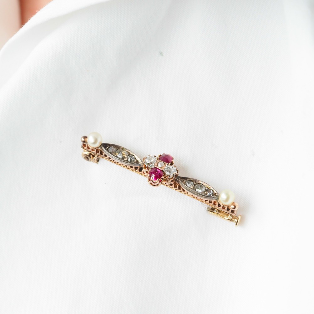 Antique Ruby & Diamond Brooch 14ct Gold with Pearl Accents - c.1900 View V
