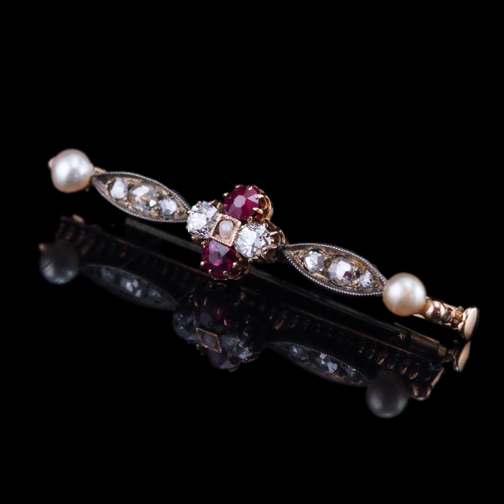 Antique Ruby & Diamond Brooch 14ct Gold with Pearl Accents - c.1900 View VII