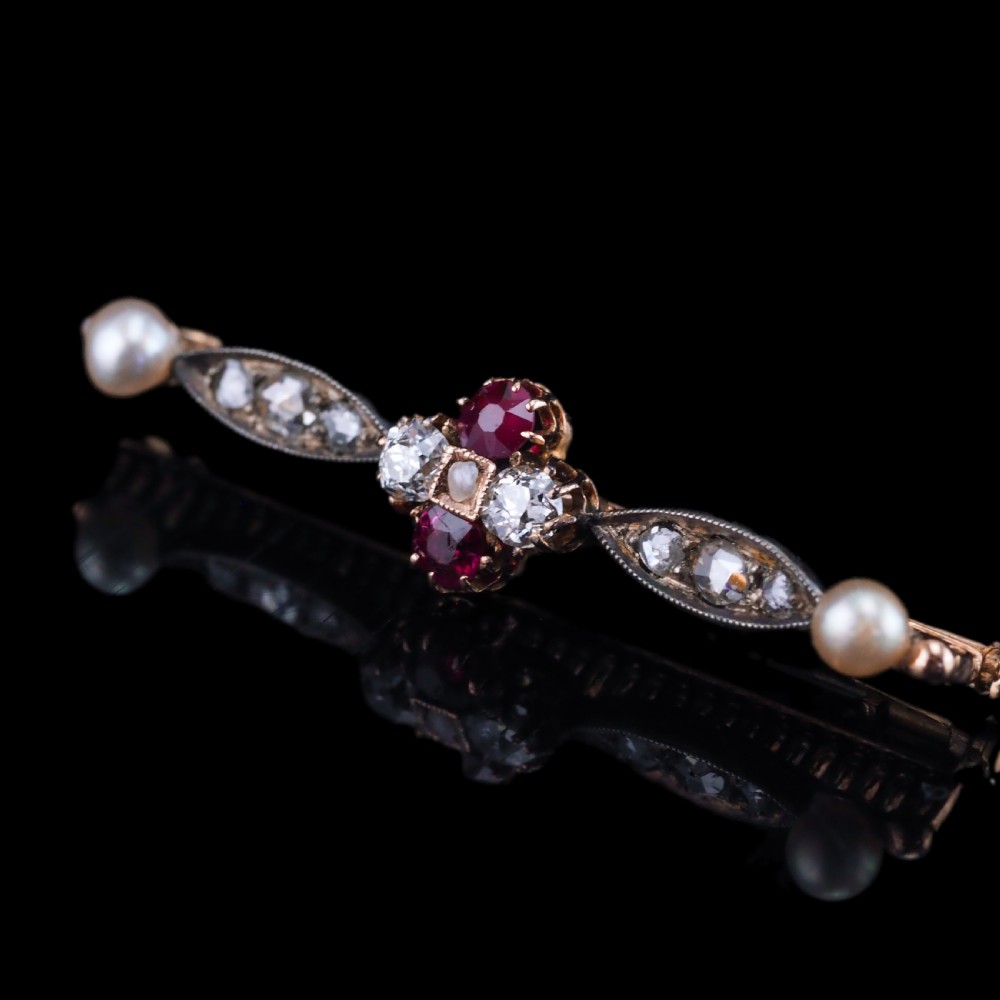 Antique Ruby & Diamond Brooch 14ct Gold with Pearl Accents - c.1900 View VIII