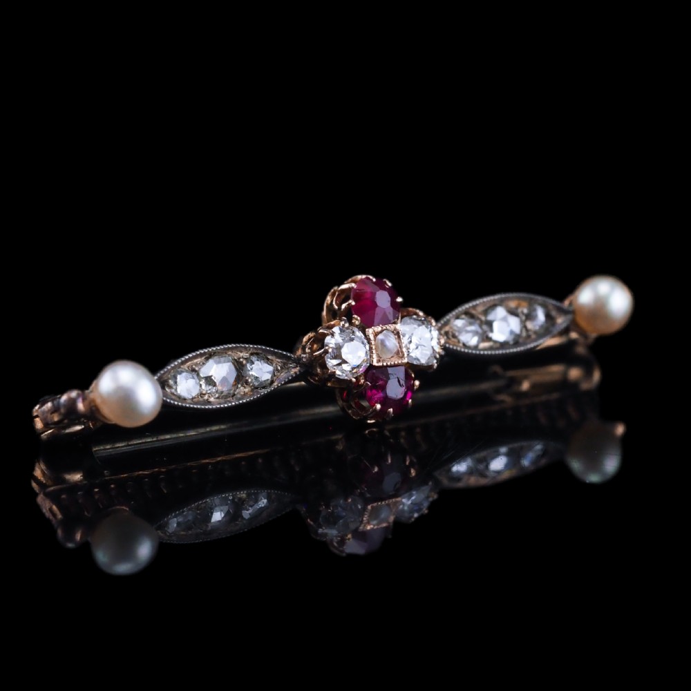 Antique Ruby & Diamond Brooch 14ct Gold with Pearl Accents - c.1900 View IX