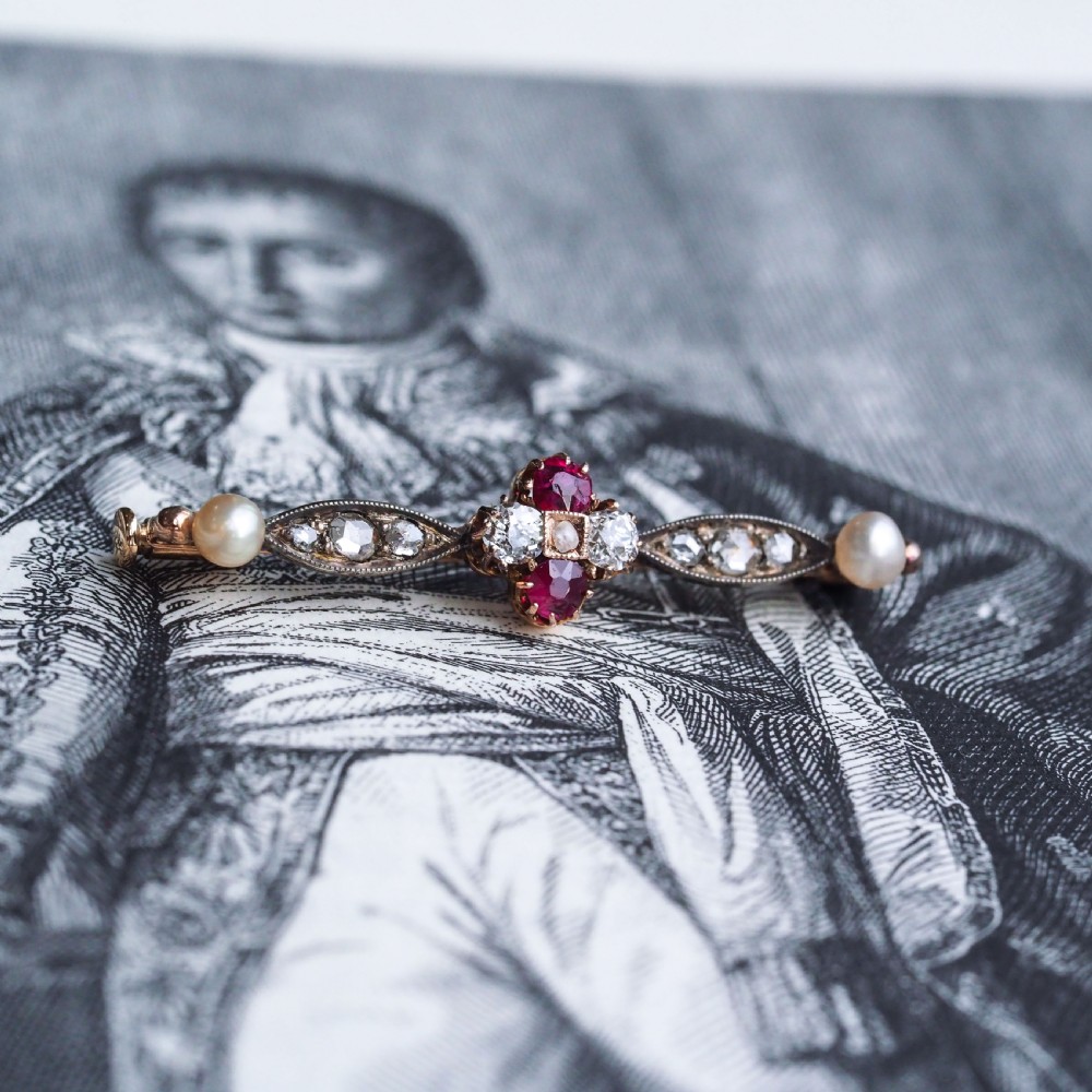 Antique Ruby & Diamond Brooch 14ct Gold with Pearl Accents - c.1900 View X