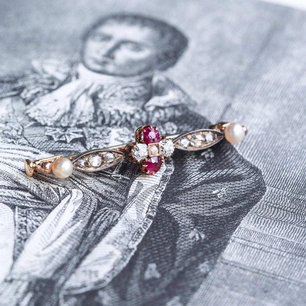 Antique Ruby & Diamond Brooch 14ct Gold with Pearl Accents - c.1900 View XI