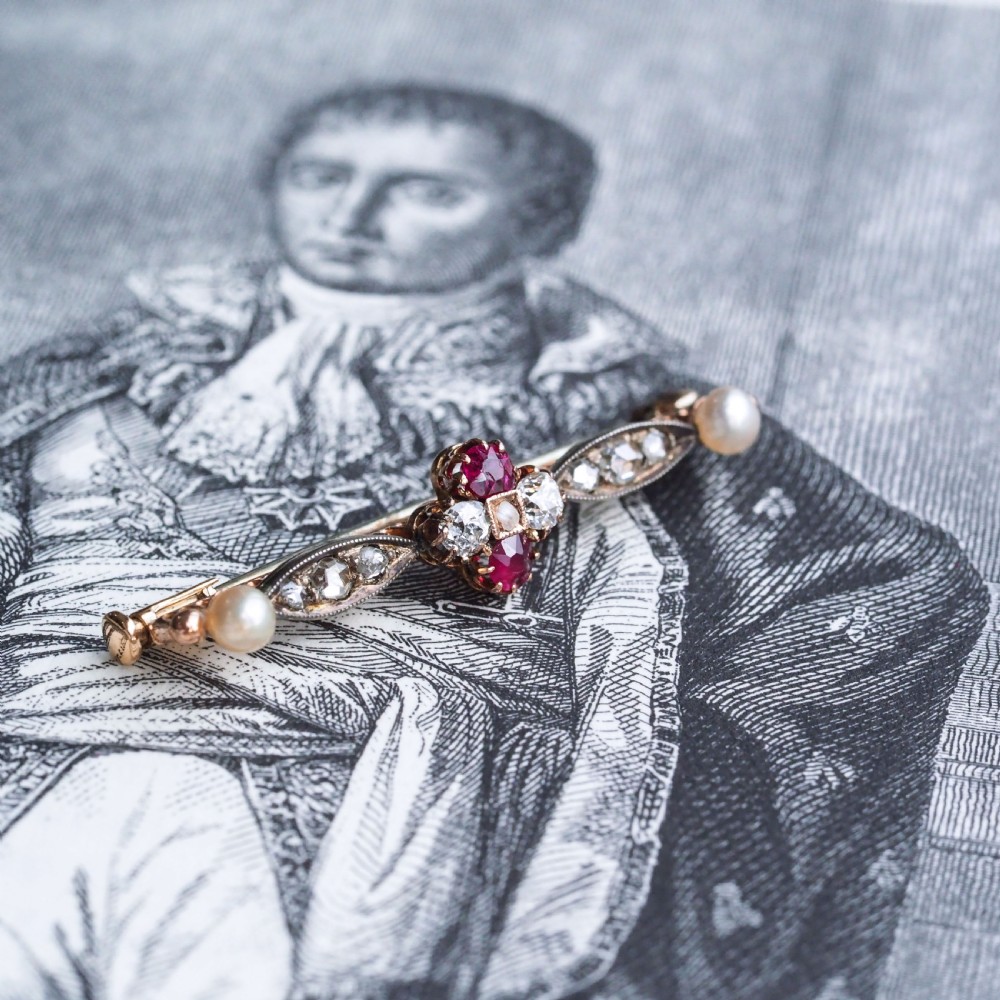 Antique Ruby & Diamond Brooch 14ct Gold with Pearl Accents - c.1900 View XII