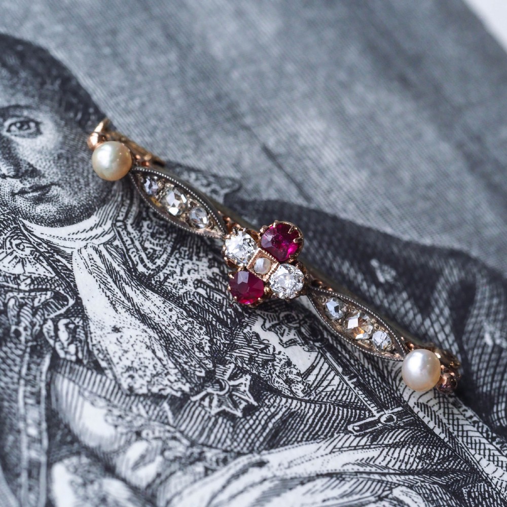 Antique Ruby & Diamond Brooch 14ct Gold with Pearl Accents - c.1900 View XIII