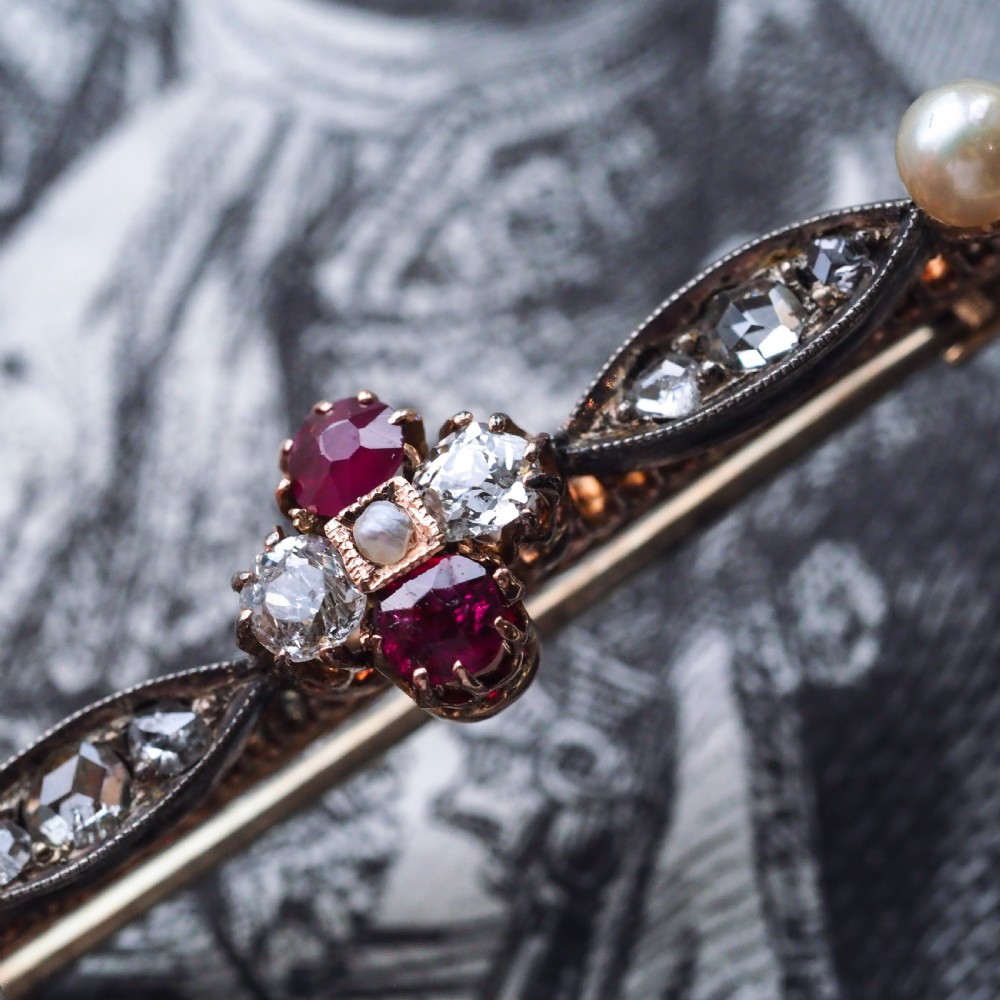 Antique Ruby & Diamond Brooch 14ct Gold with Pearl Accents - c.1900 View XV