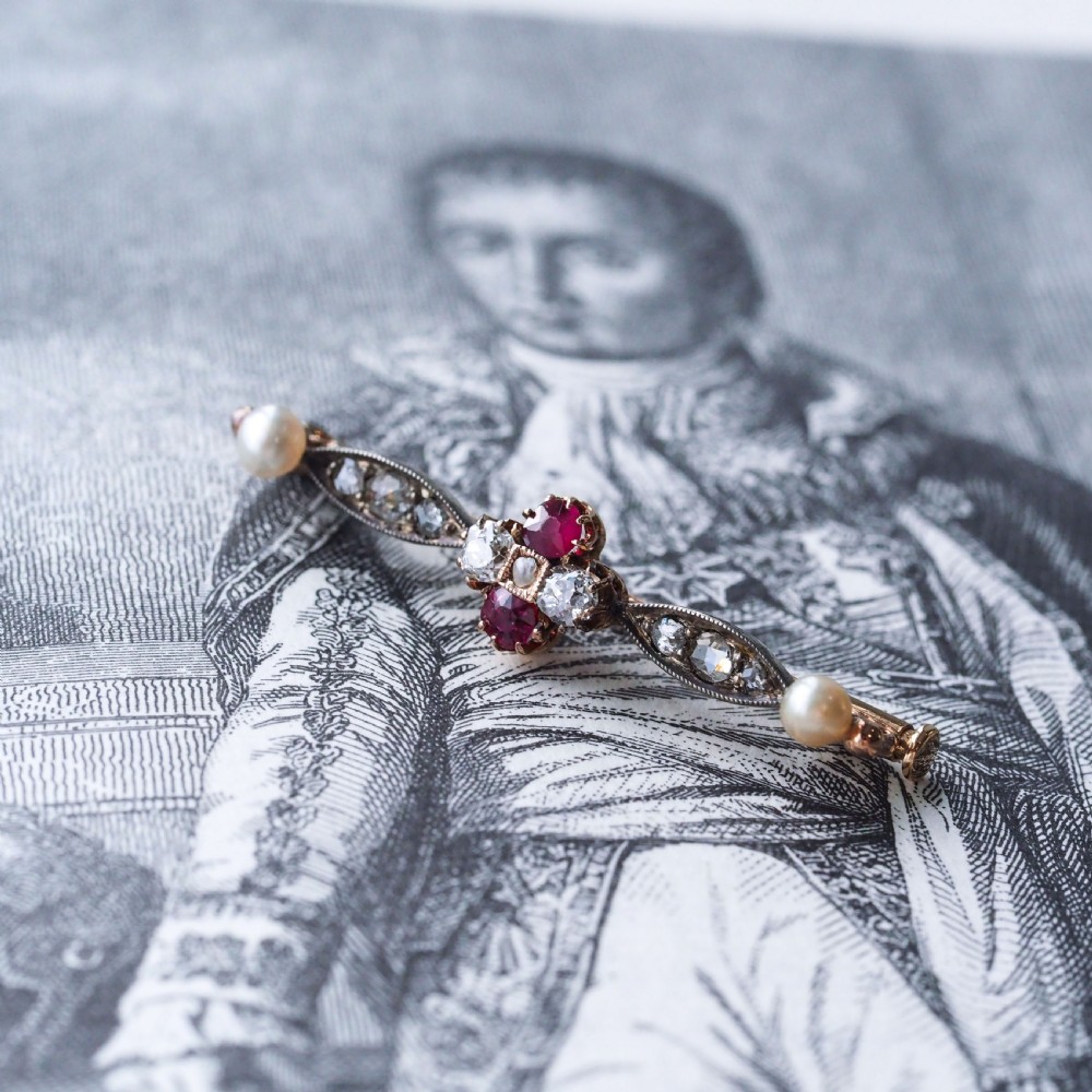 Antique Ruby & Diamond Brooch 14ct Gold with Pearl Accents - c.1900 View XVI