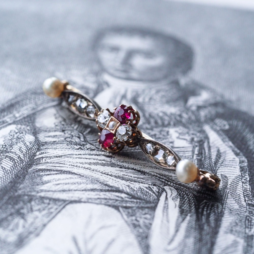 Antique Ruby & Diamond Brooch 14ct Gold with Pearl Accents - c.1900 View XVII