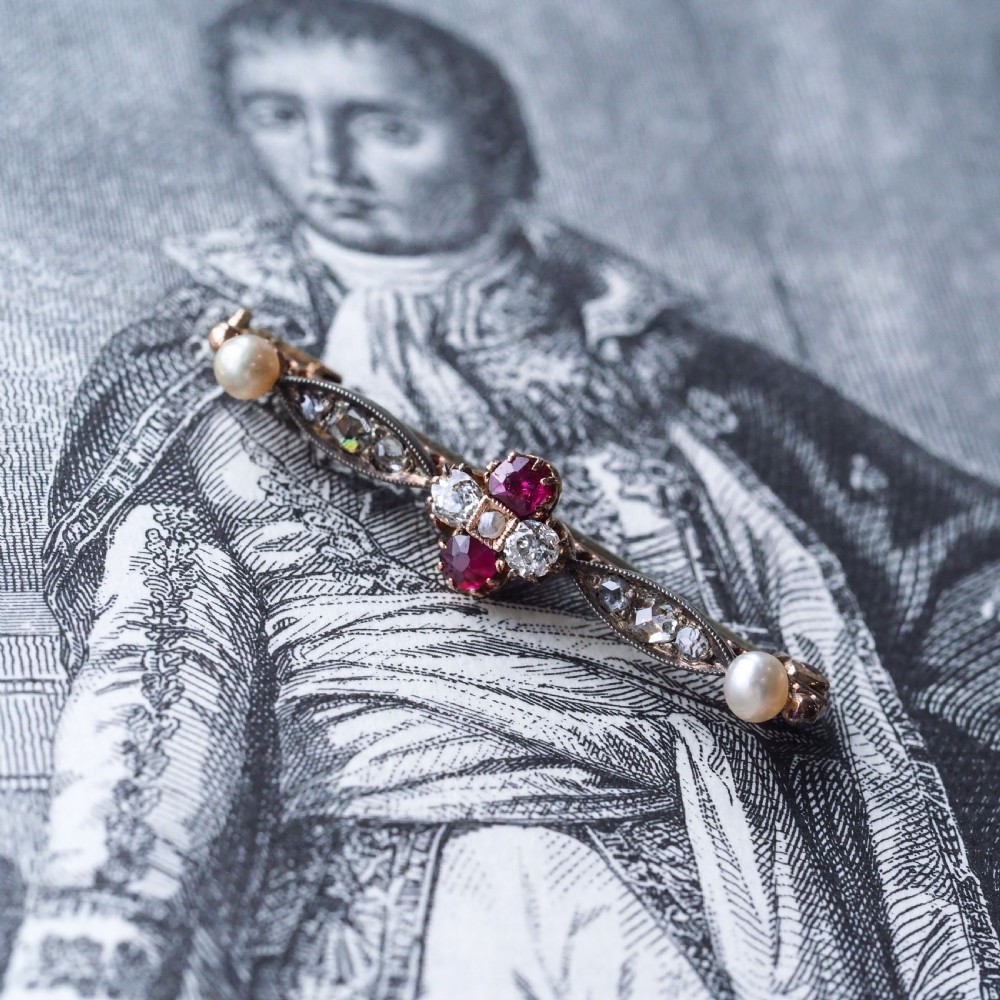 Antique Ruby & Diamond Brooch 14ct Gold with Pearl Accents - c.1900 View XVIII