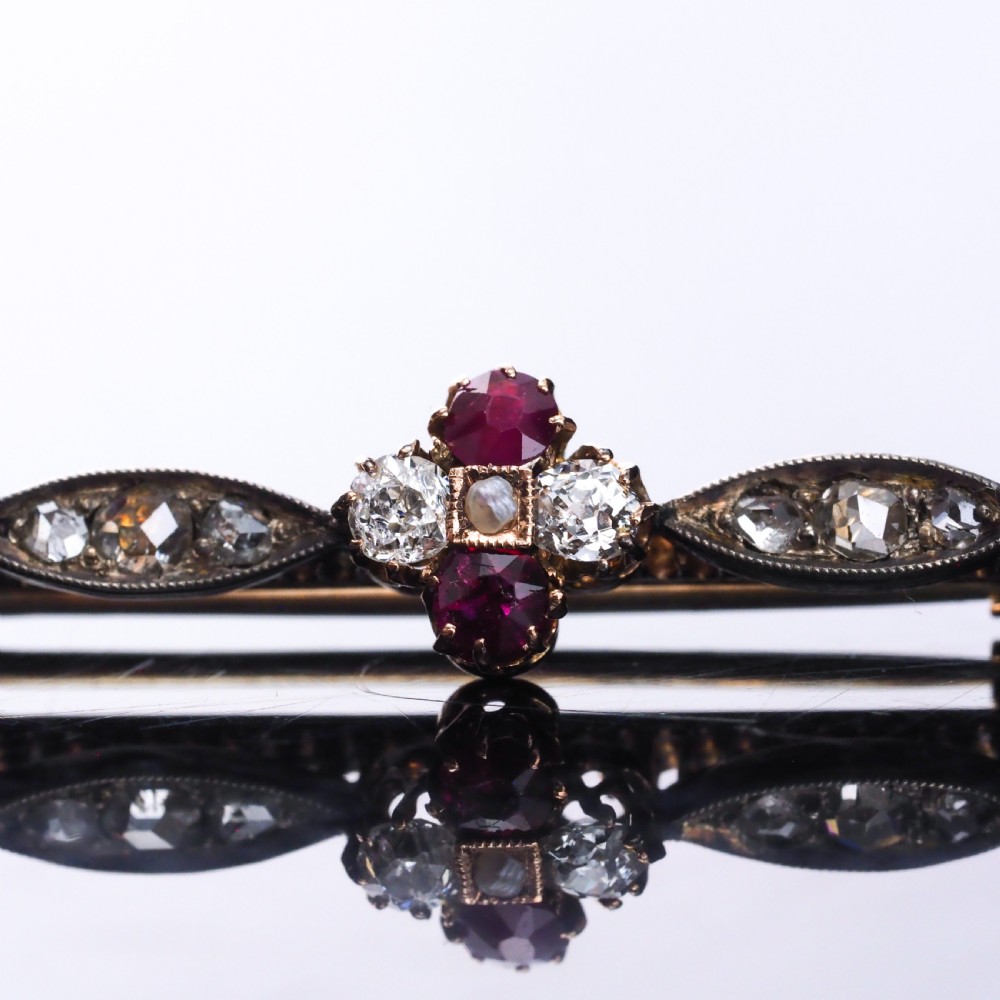Antique Ruby & Diamond Brooch 14ct Gold with Pearl Accents - c.1900 View XIX