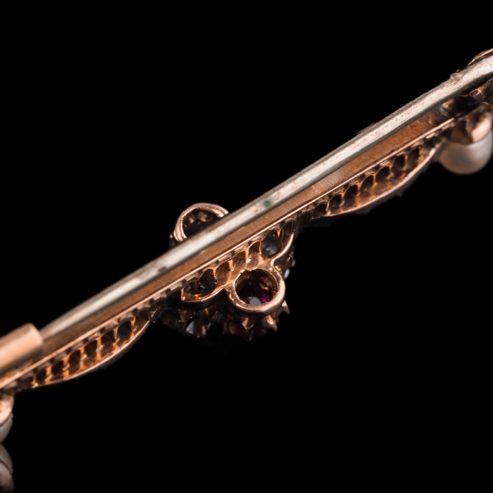 Antique Ruby & Diamond Brooch 14ct Gold with Pearl Accents - c.1900 View XX