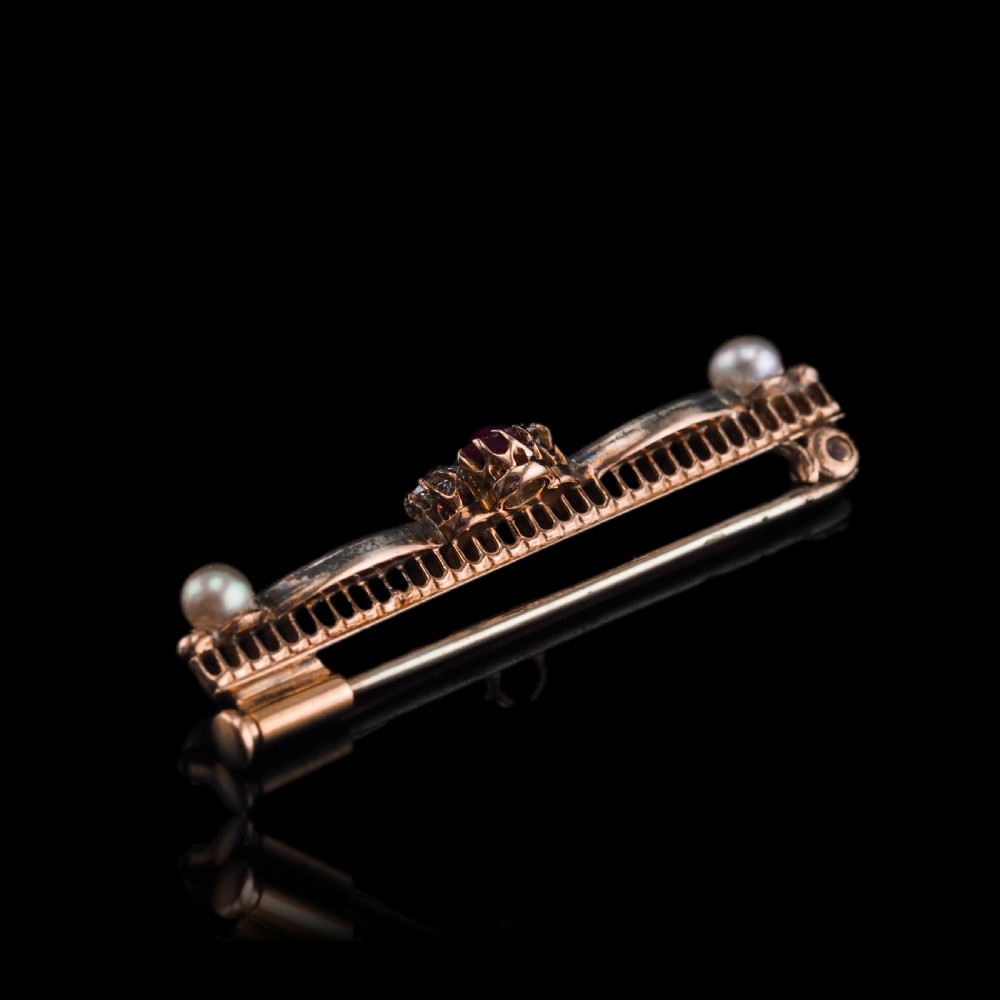 Antique Ruby & Diamond Brooch 14ct Gold with Pearl Accents - c.1900 View XXI