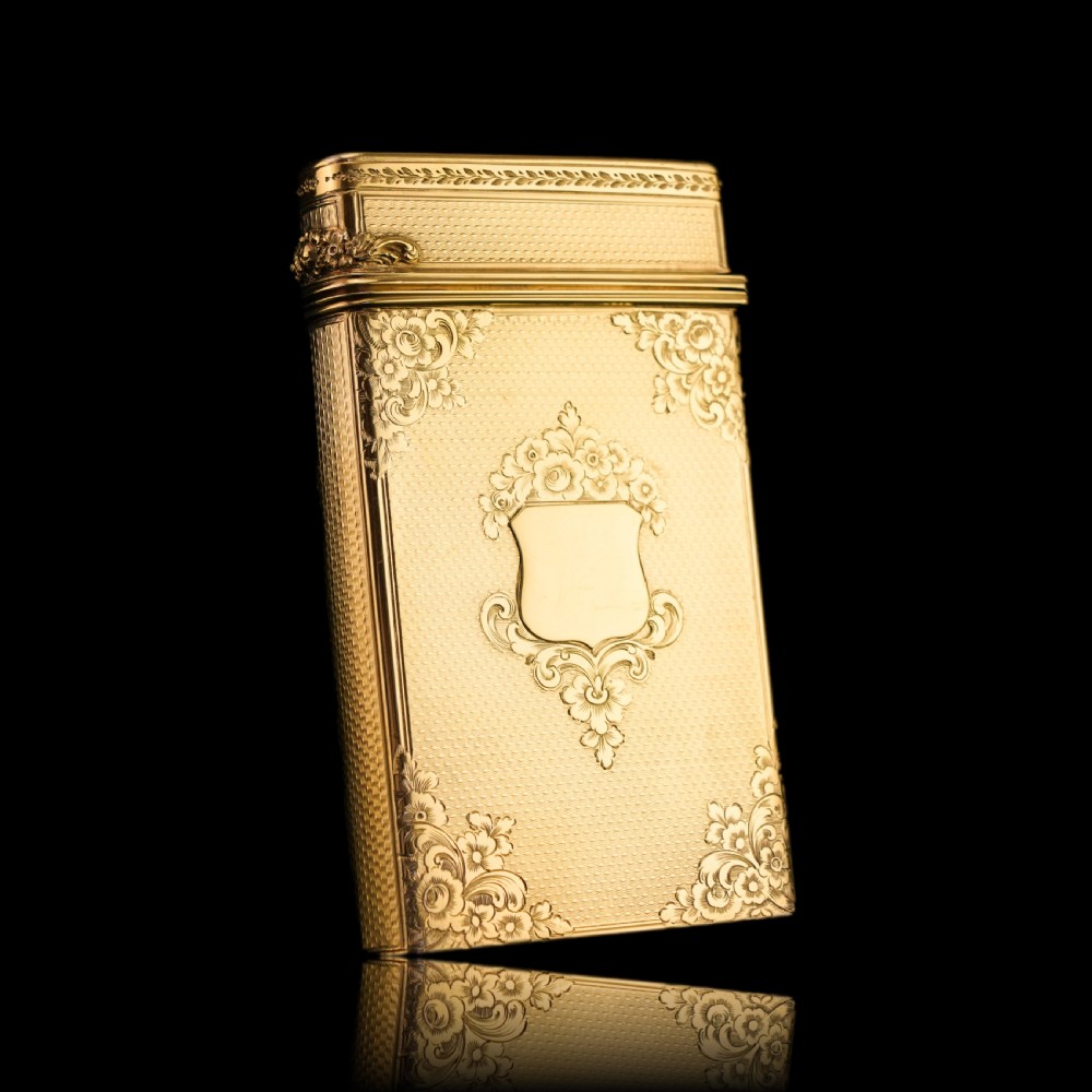 An antique Victorian sterling silver gilt cigar case featuring fine engine-turned texturing, scroll engraving, and a central unengraved cartouche. View XIX