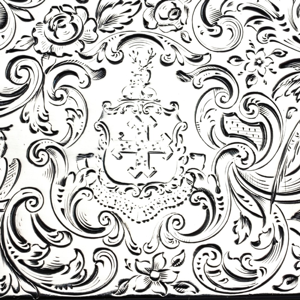 Antique Large Solid Silver Snuff Box Cartouche Shaped with Profuse Hand Engravings - London 1842 View III
