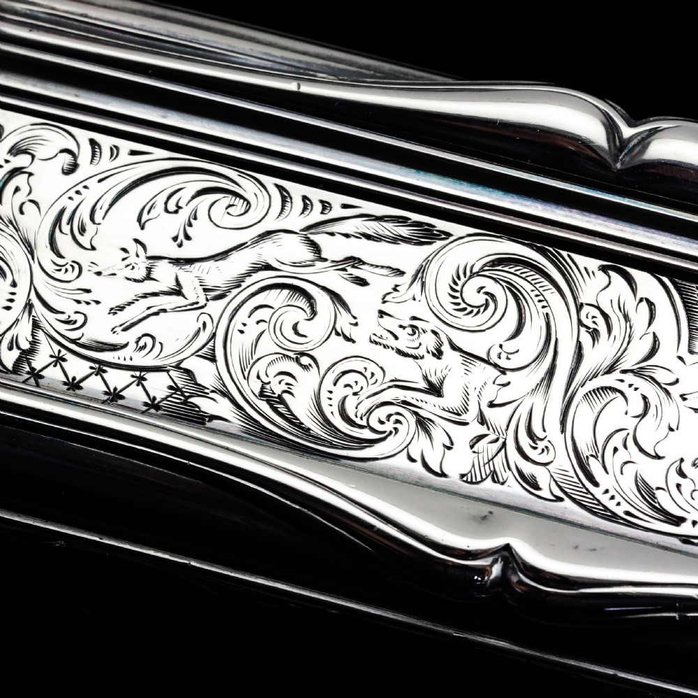 Antique Large Solid Silver Snuff Box Cartouche Shaped with Profuse Hand Engravings - London 1842 View VI