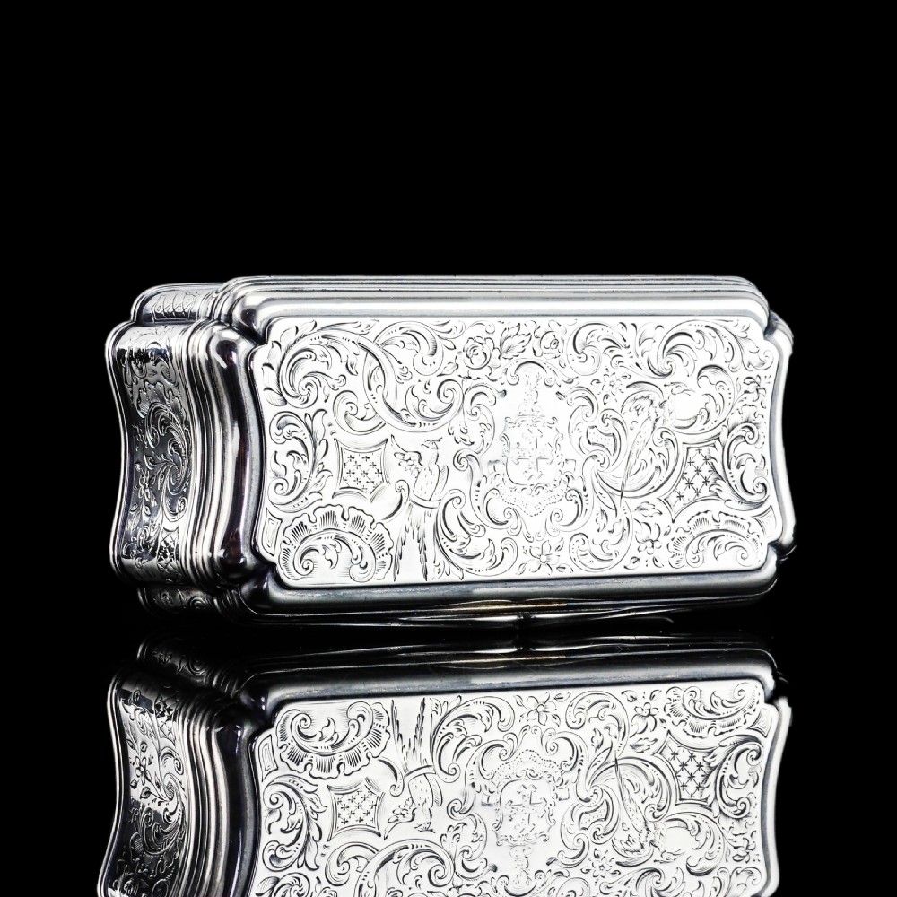 Antique Large Solid Silver Snuff Box Cartouche Shaped with Profuse Hand Engravings - London 1842 View XX