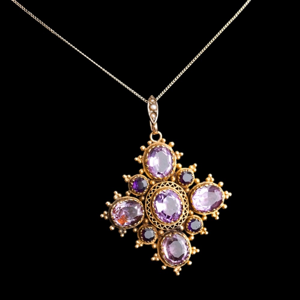 Antique Georgian 18ct Gold Amethyst Pendant Necklace Cannetille - c.1820 View II