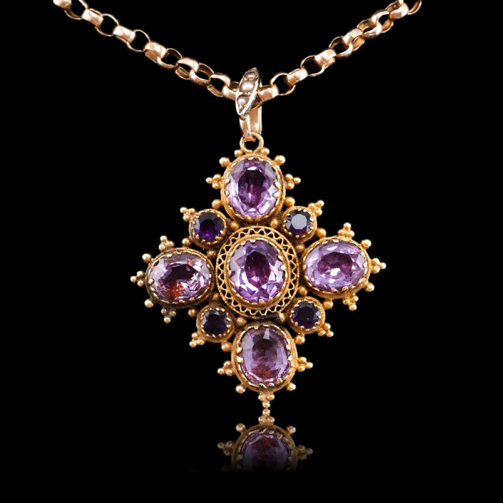 Antique Georgian 18ct Gold Amethyst Pendant Necklace Cannetille - c.1820 View IV