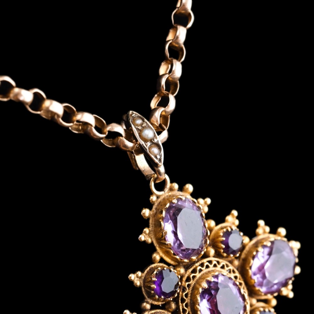 Antique Georgian 18ct Gold Amethyst Pendant Necklace Cannetille - c.1820 View VII