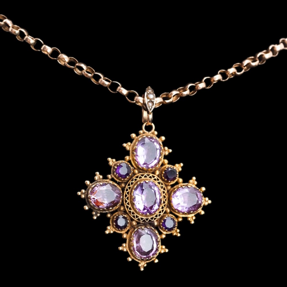Antique Georgian 18ct Gold Amethyst Pendant Necklace Cannetille - c.1820 View X