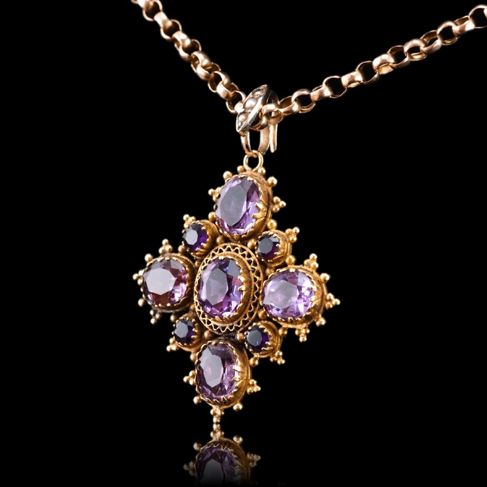 Antique Georgian 18ct Gold Amethyst Pendant Necklace Cannetille - c.1820 View XI