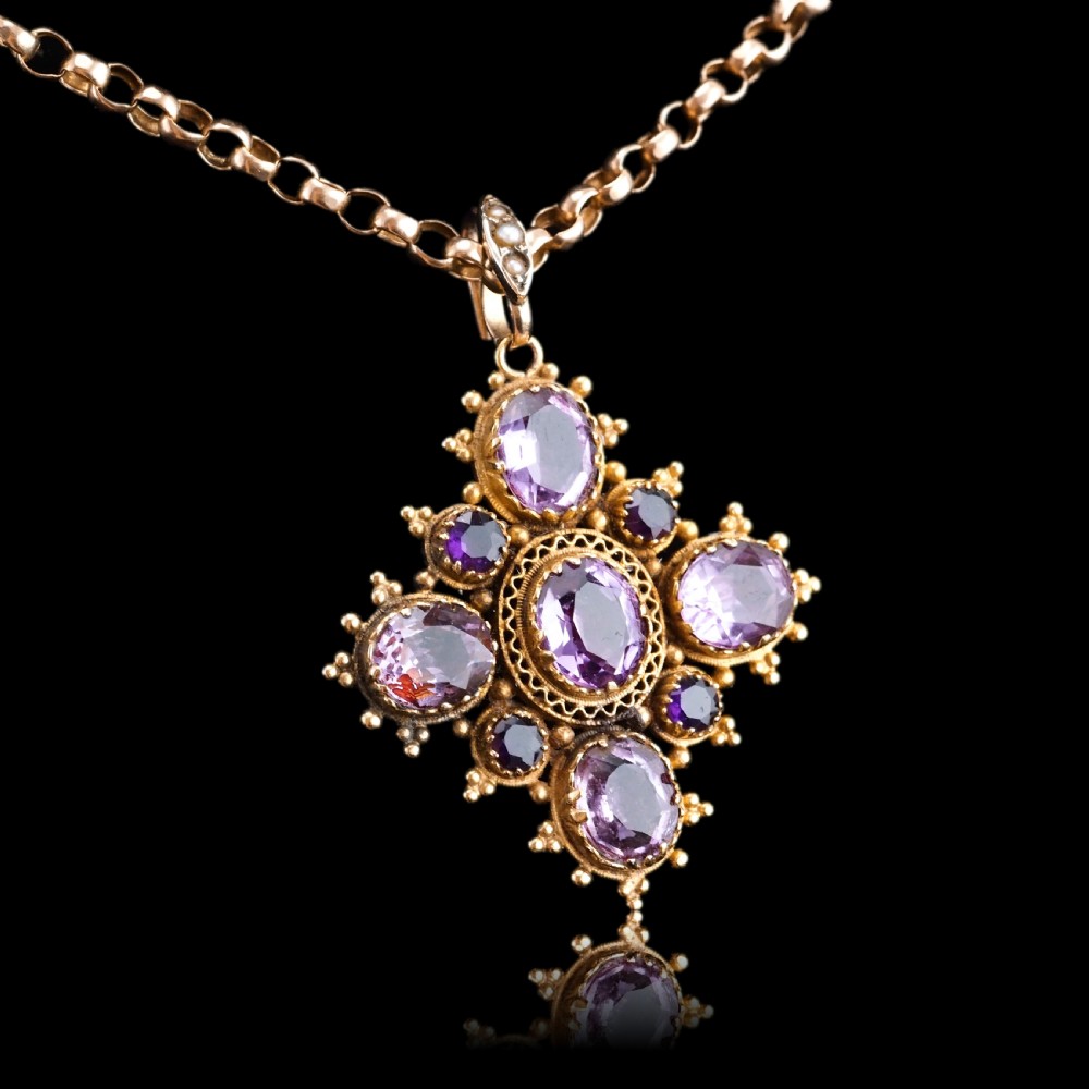 Antique Georgian 18ct Gold Amethyst Pendant Necklace Cannetille - c.1820 View XII