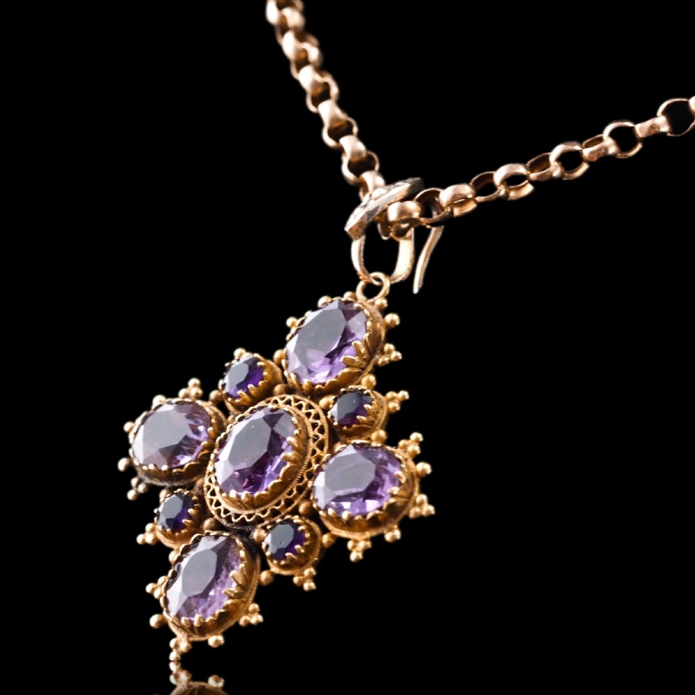 Antique Georgian 18ct Gold Amethyst Pendant Necklace Cannetille - c.1820 View XIII
