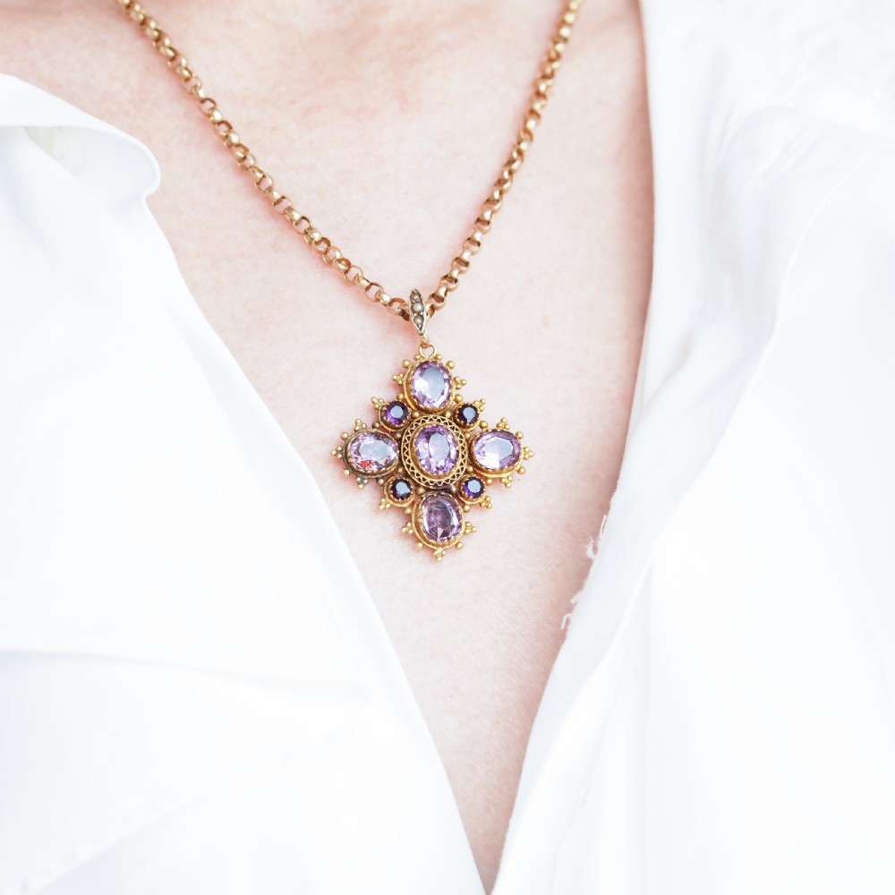 Antique Georgian 18ct Gold Amethyst Pendant Necklace Cannetille - c.1820 View XIV