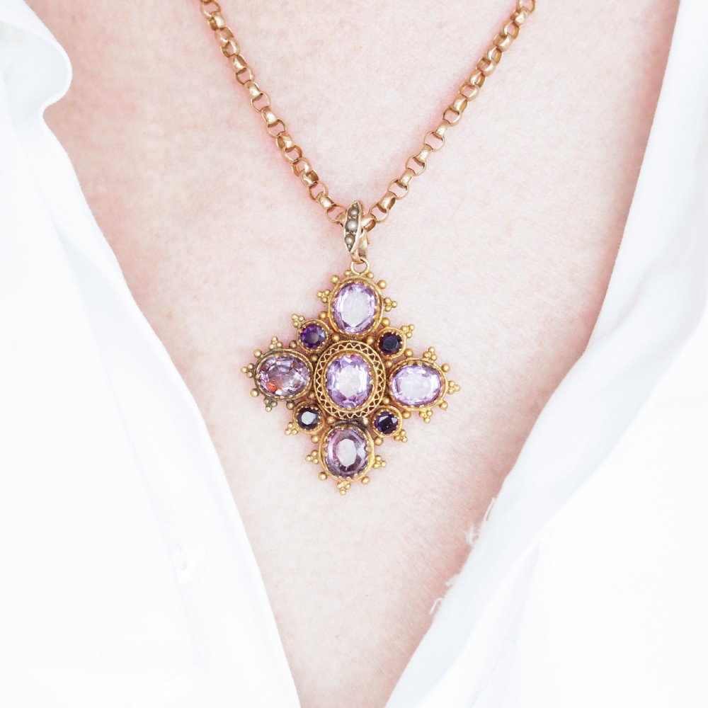 Antique Georgian 18ct Gold Amethyst Pendant Necklace Cannetille - c.1820 View XV