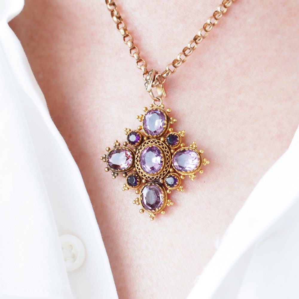 Antique Georgian 18ct Gold Amethyst Pendant Necklace Cannetille - c.1820 View XVI