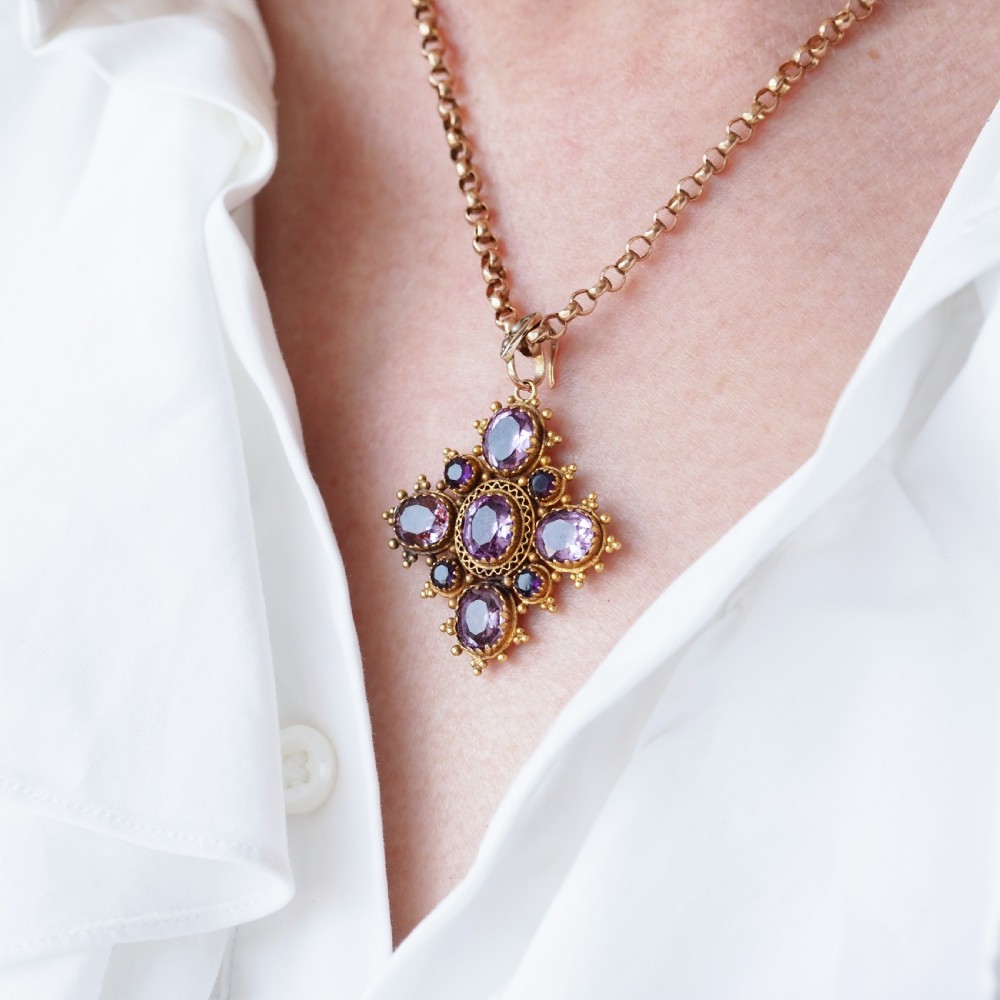 Antique Georgian 18ct Gold Amethyst Pendant Necklace Cannetille - c.1820 View XVII