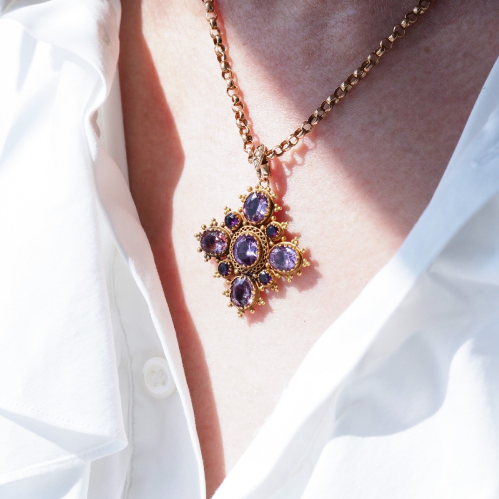 Antique Georgian 18ct Gold Amethyst Pendant Necklace Cannetille - c.1820 View XVIII