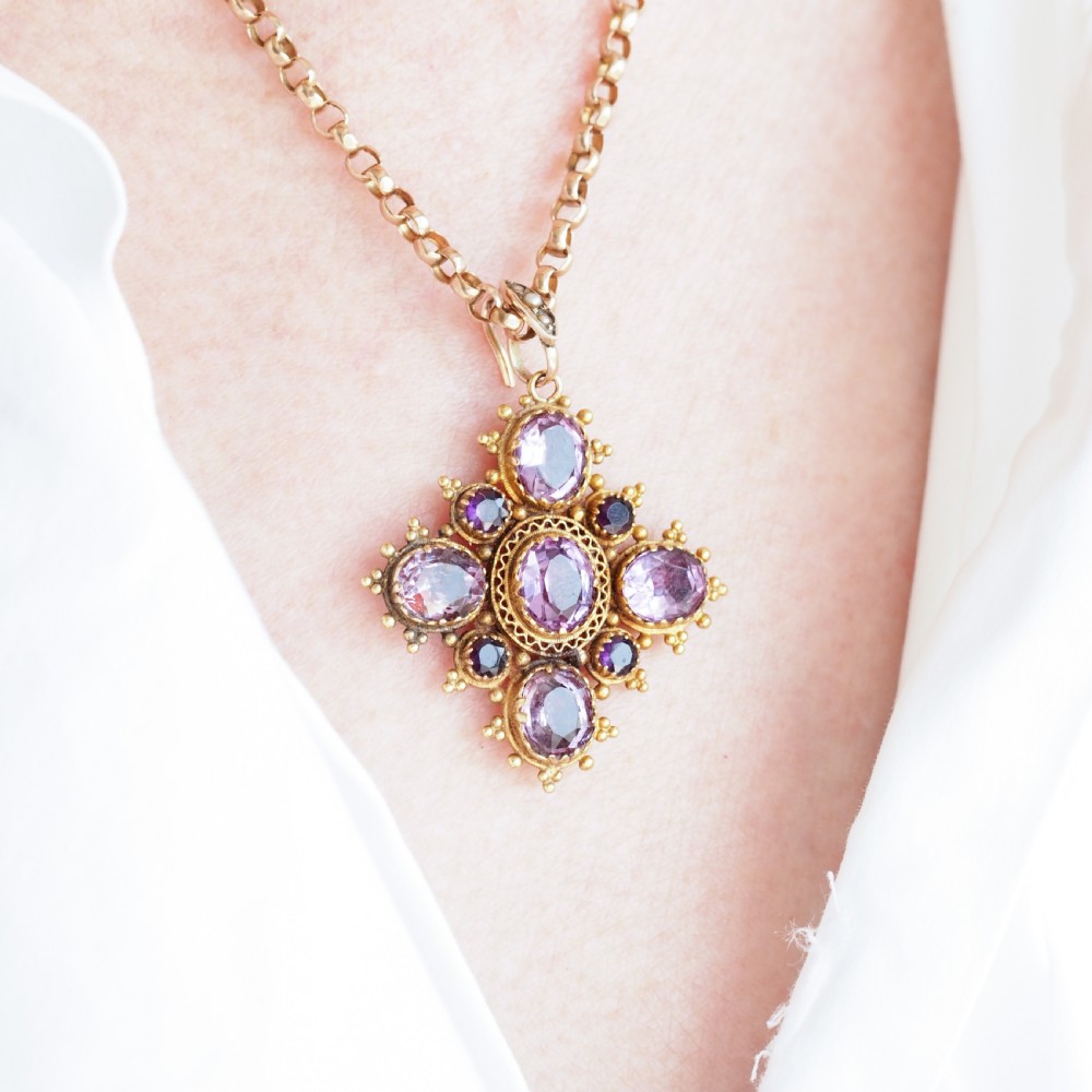 Antique Georgian 18ct Gold Amethyst Pendant Necklace Cannetille - c.1820 View XIX